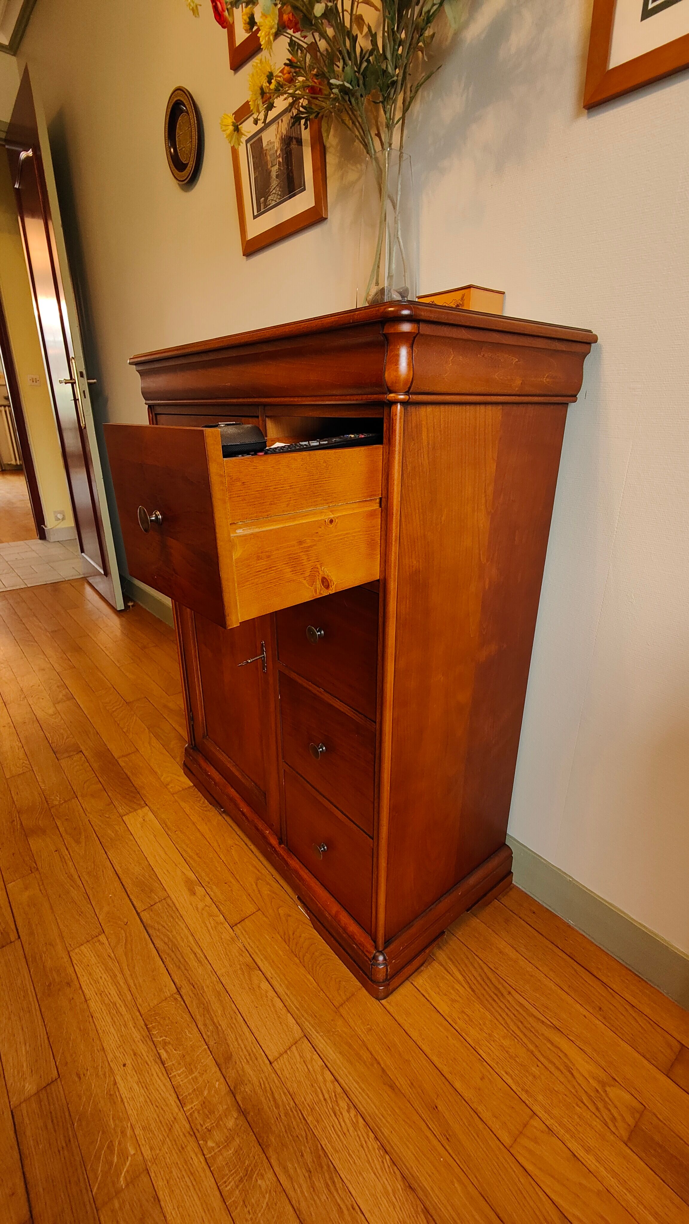 Cherry wood entrance cabinet doors and drawers