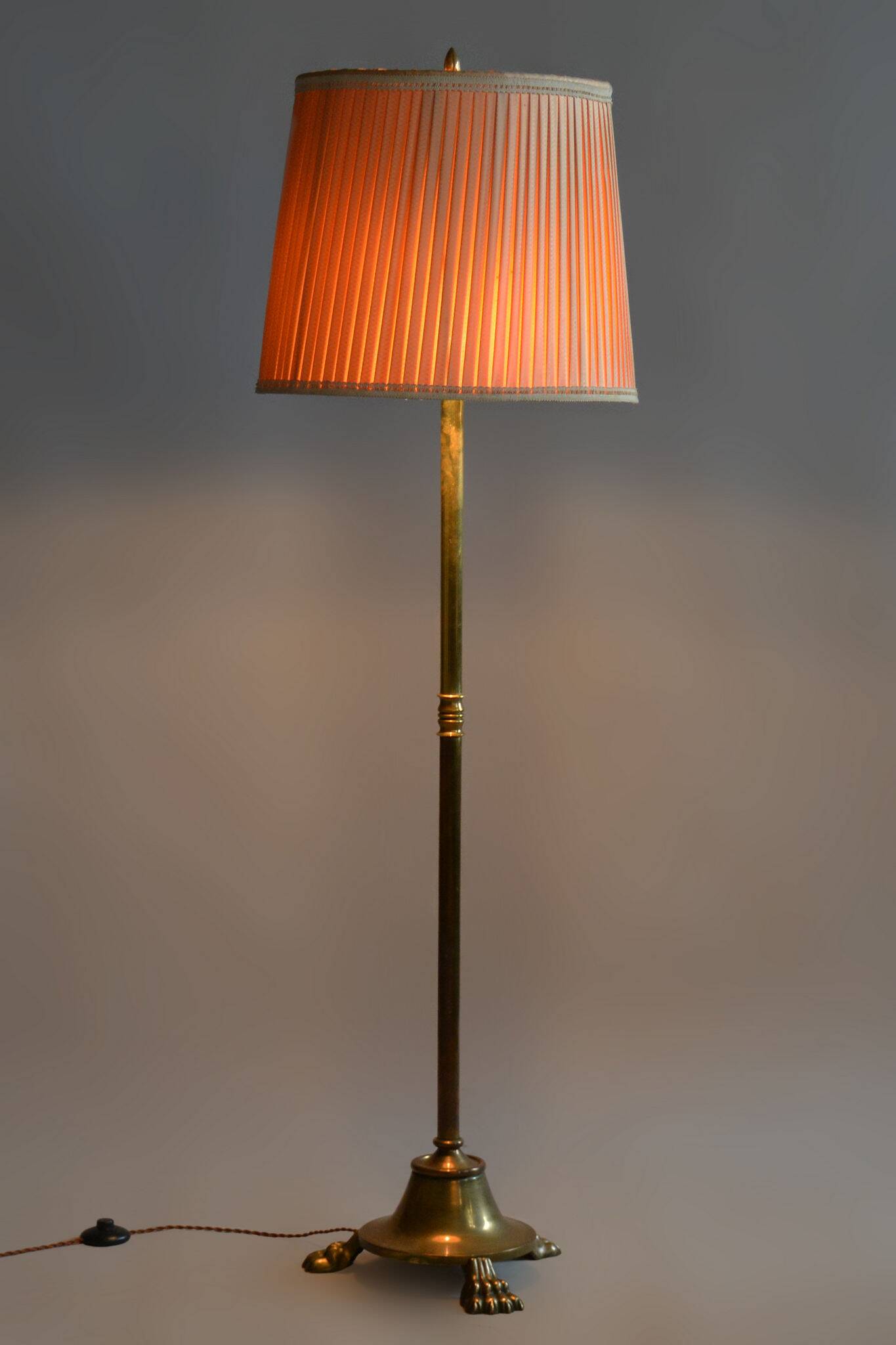 Restored Brass Art Deco Floor Lamp, France, Original Textile Shade, 1920s