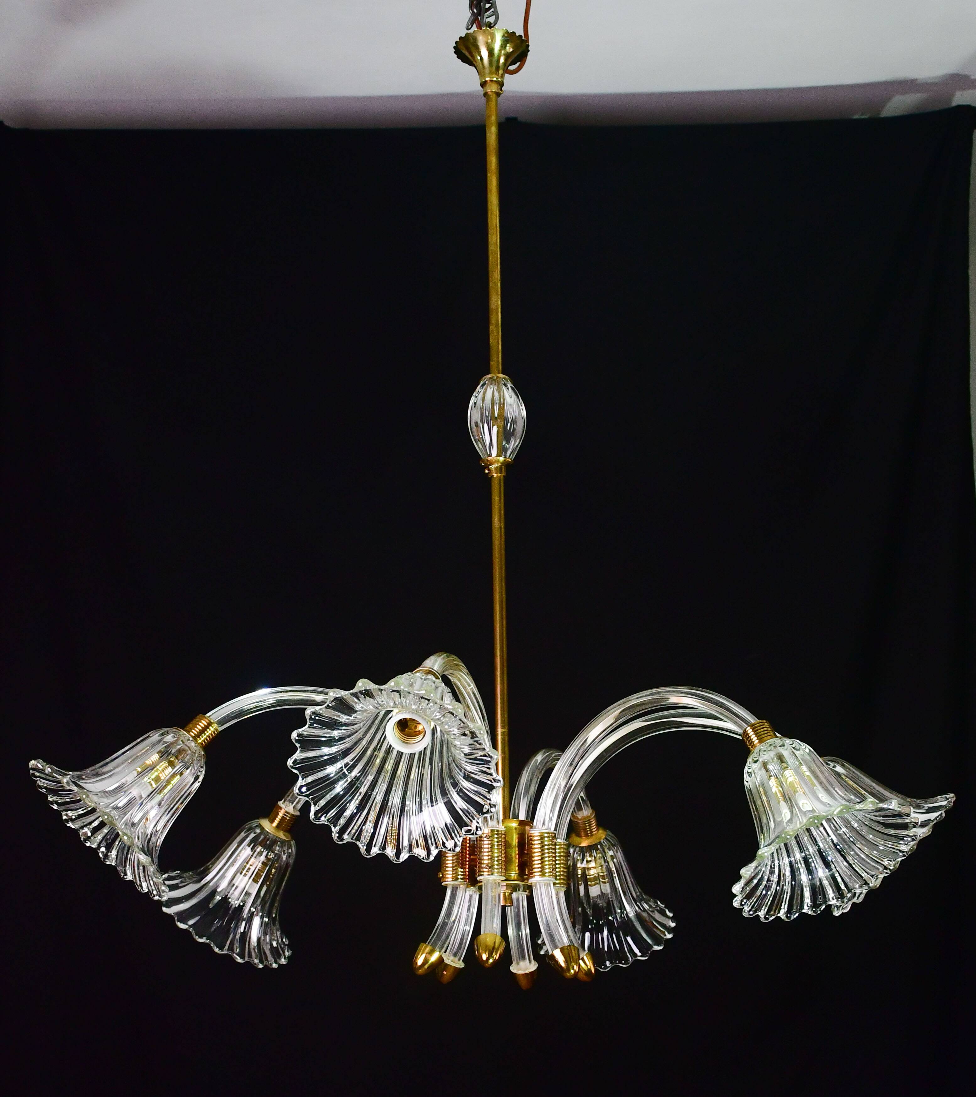 Amazing 6 light Art Deco Murano glass and brass chrome chandelier by Barovier