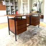 Vintage modernist desk in wood and black with 6 drawers