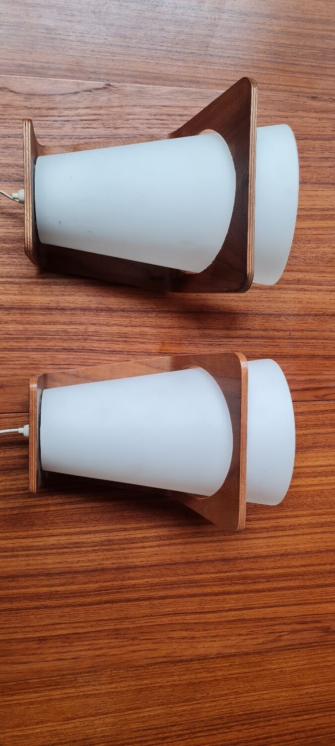 Pair of Louis Kalff frosted wood and opaline sconces
