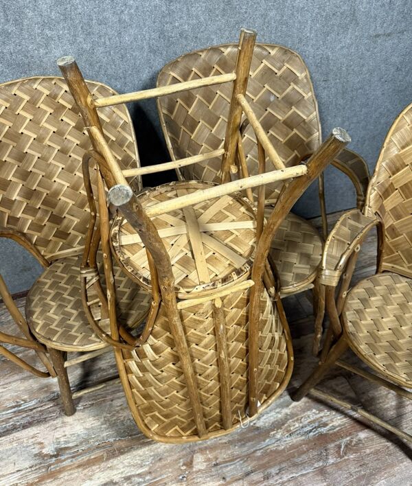Série de 4 Fauteuils en tressage de chataigner