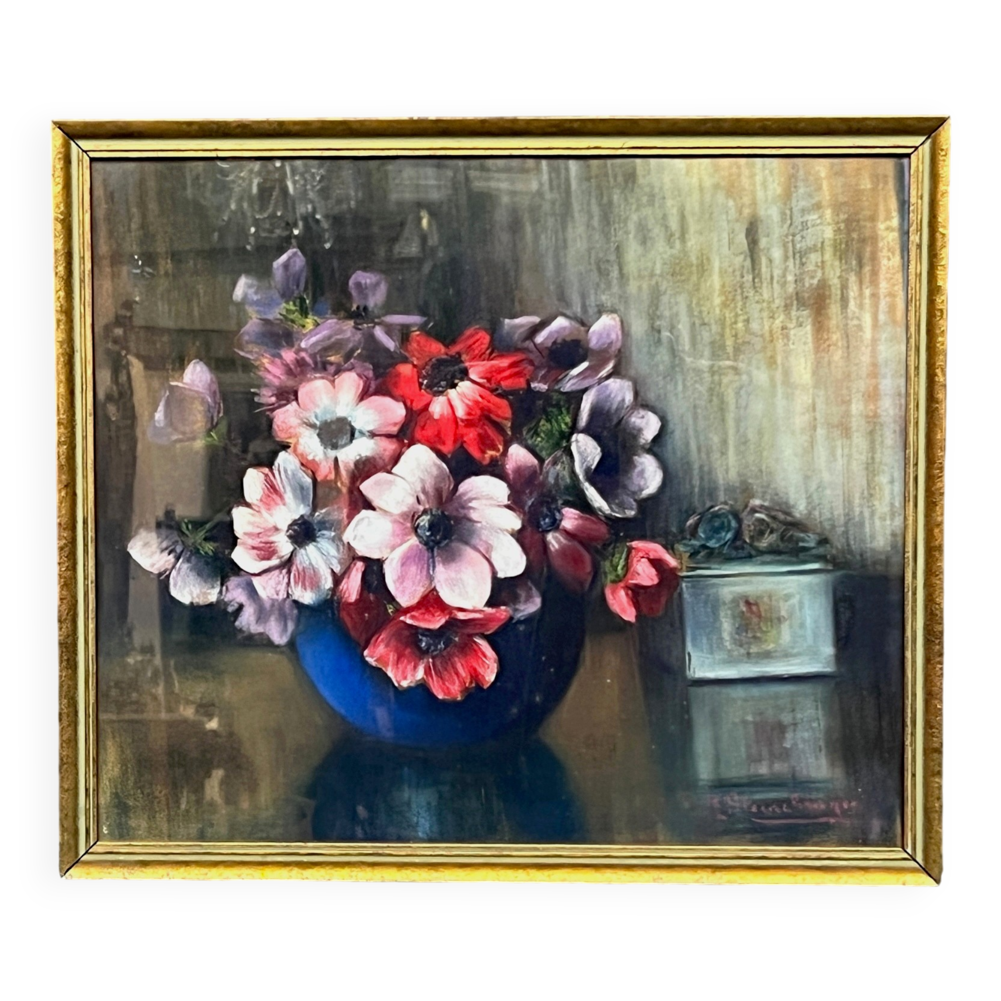 M.Steenbrugen. Still life with flowers in a blue vase. Pastel.