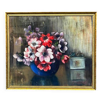 M.Steenbrugen. Still life with flowers in a blue vase. Pastel.