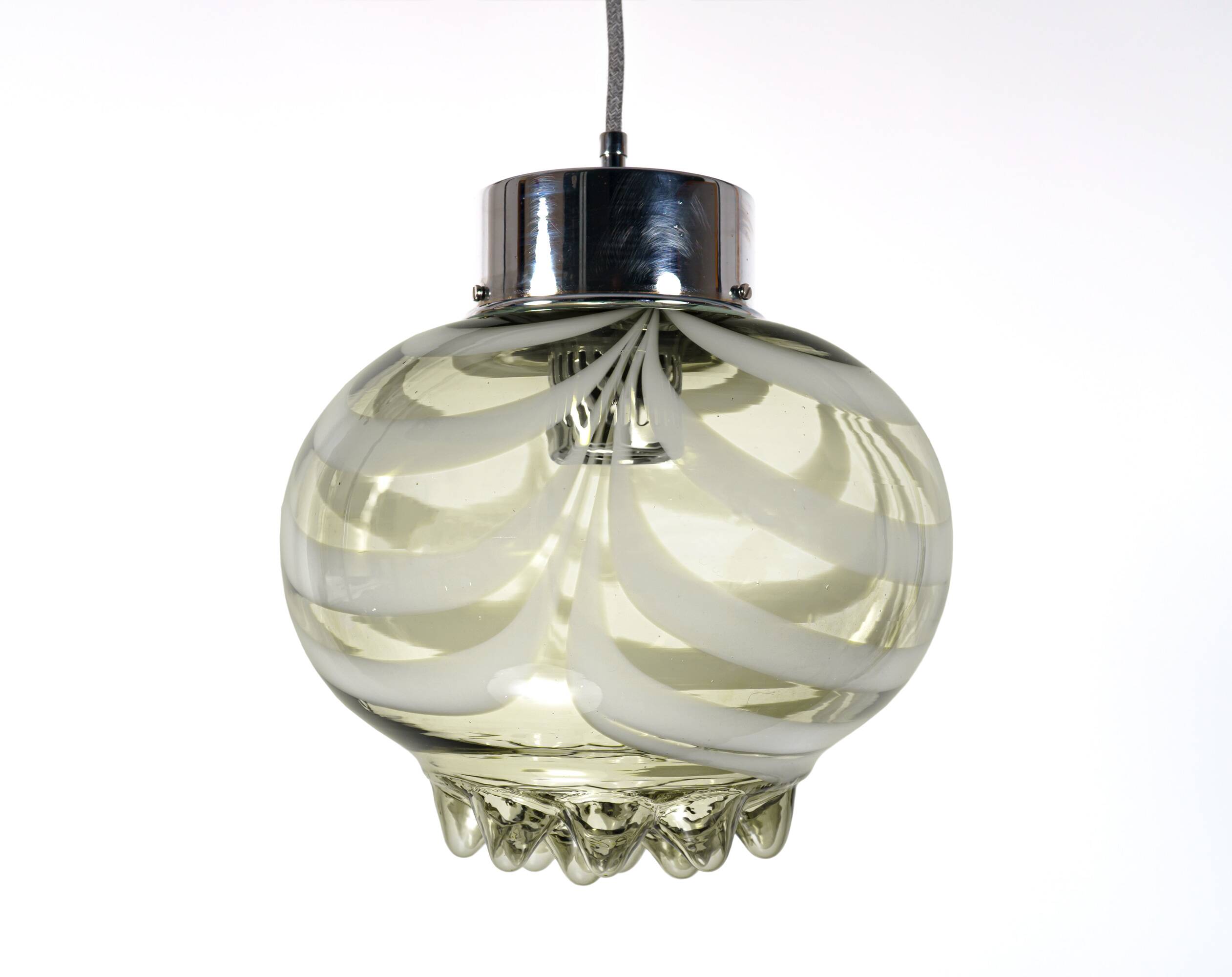 1970s Smoke Grey Textured / Striped Murano Italian Glass Pendant Lamp