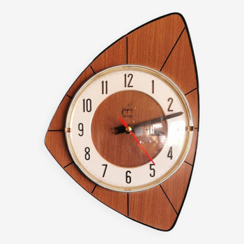 Horloge silencieuse asymétrique vintage en formica "Japy bois lignes"