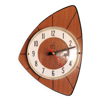 Vintage asymmetrical silent clock in formica "Japy wood lines"