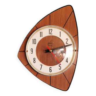Horloge silencieuse asymétrique vintage en formica "Japy bois lignes"