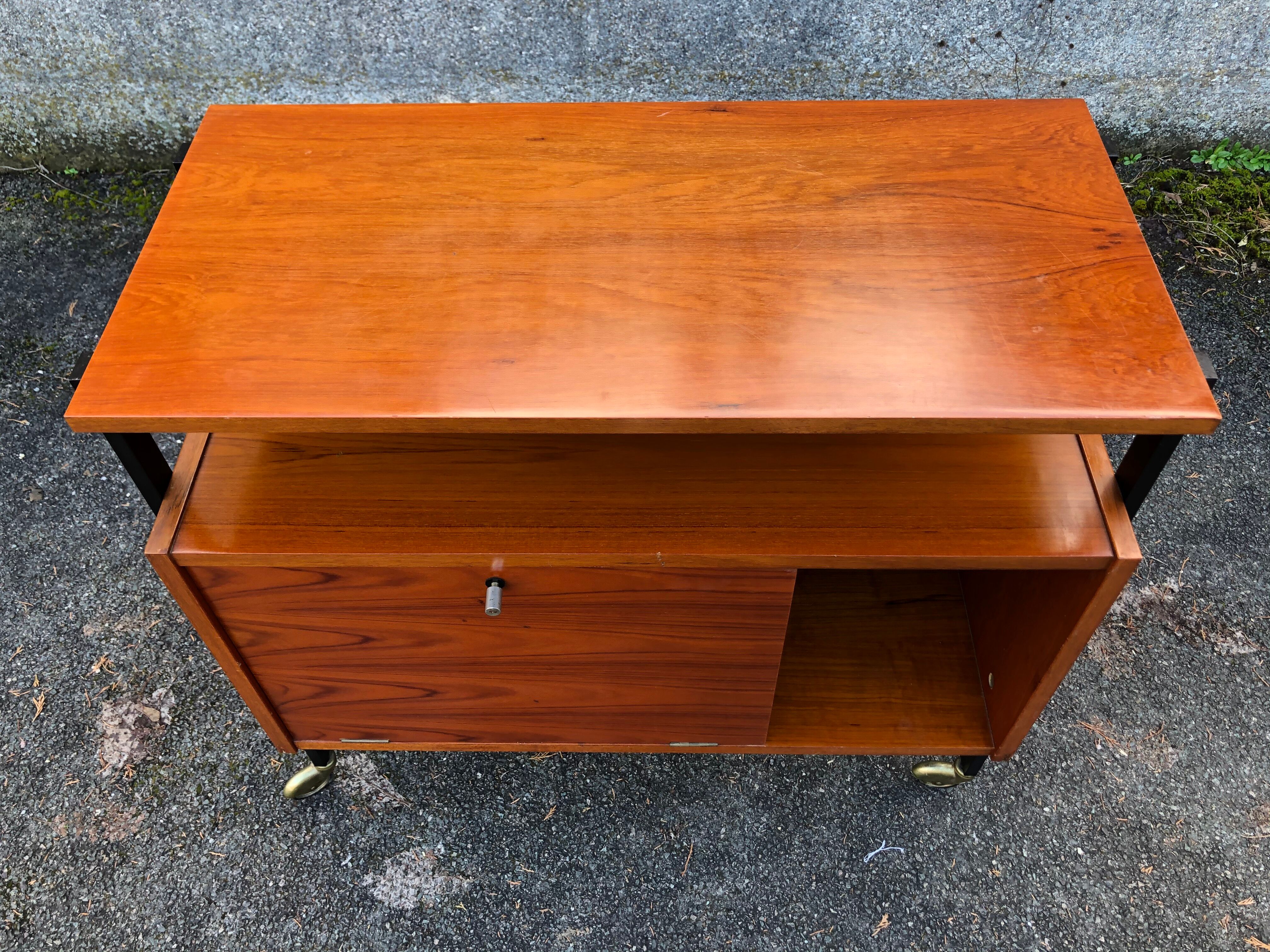 1960 wheeled furniture wood and black metal