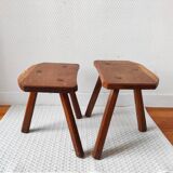 Pair of brutalist tripod stools in solid wood.