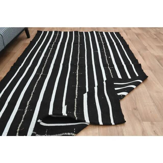 Striped Kilim Black White Vintage Handmade Area Rug  148x261