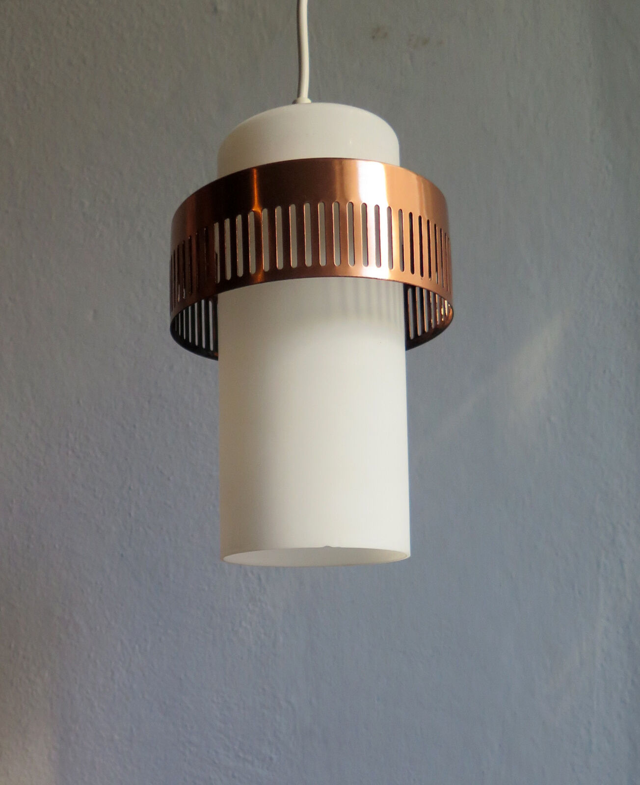 Opaline glass suspension lamp and copper metal ring, 1960s, 2 available