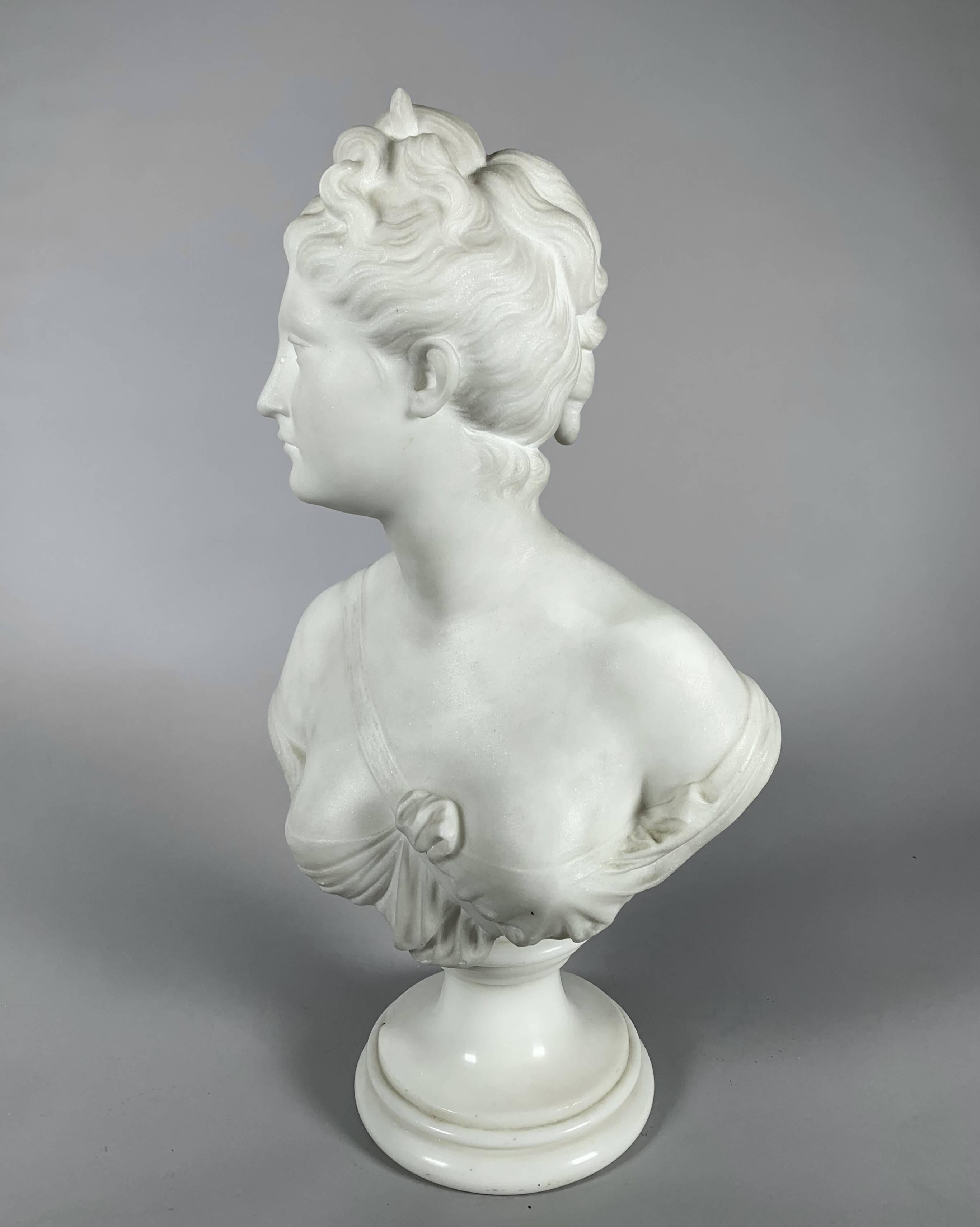 White Marble Sculpture Bust of Diana After Houdon (1741-1828) 19th Century