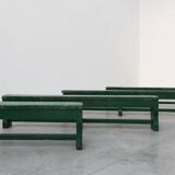 Rustic primitive green farmhouse bench in solid oak, France ca. 1900