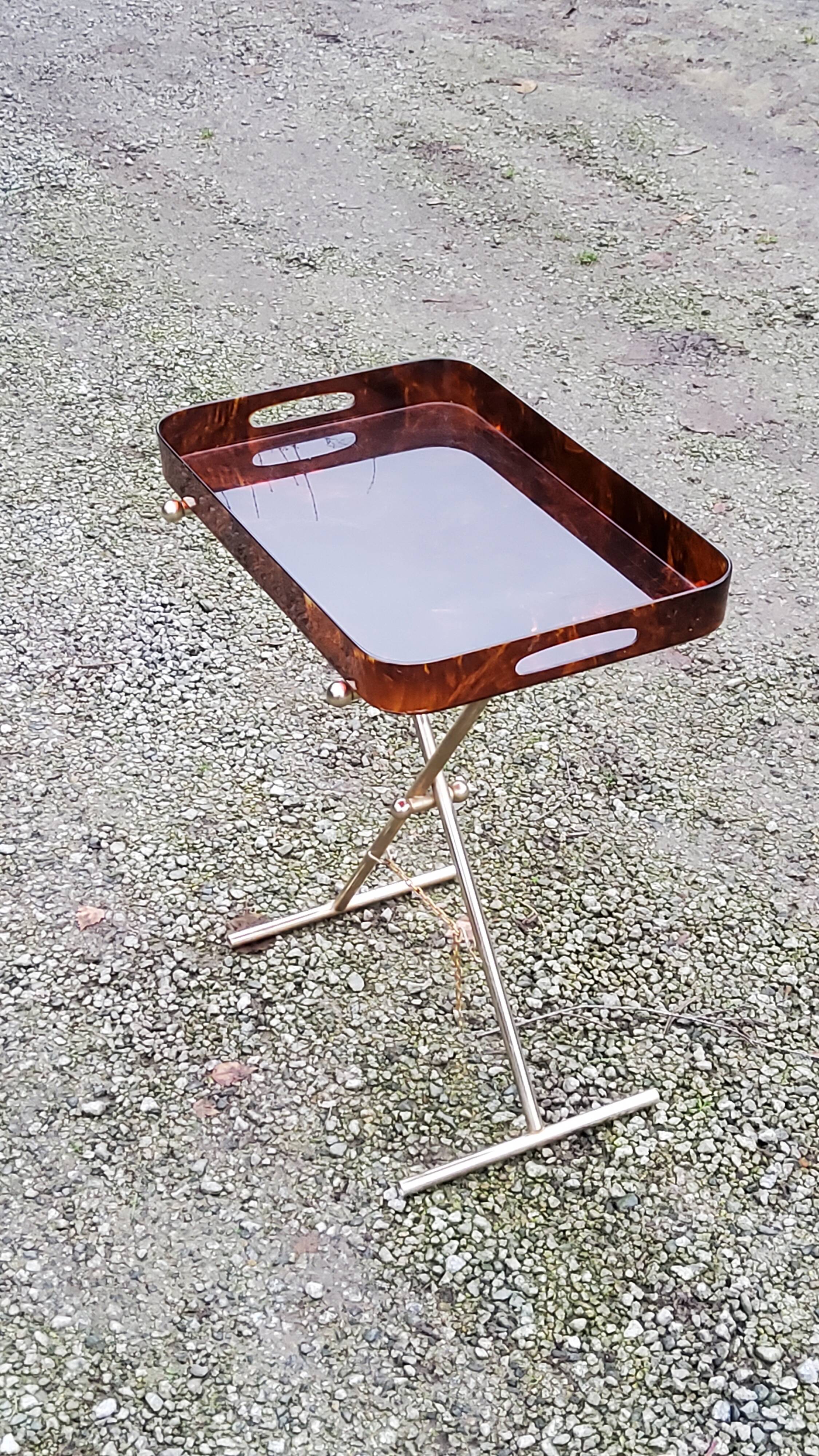 Gold metal side table with tortoiseshell lucite top from the 70s