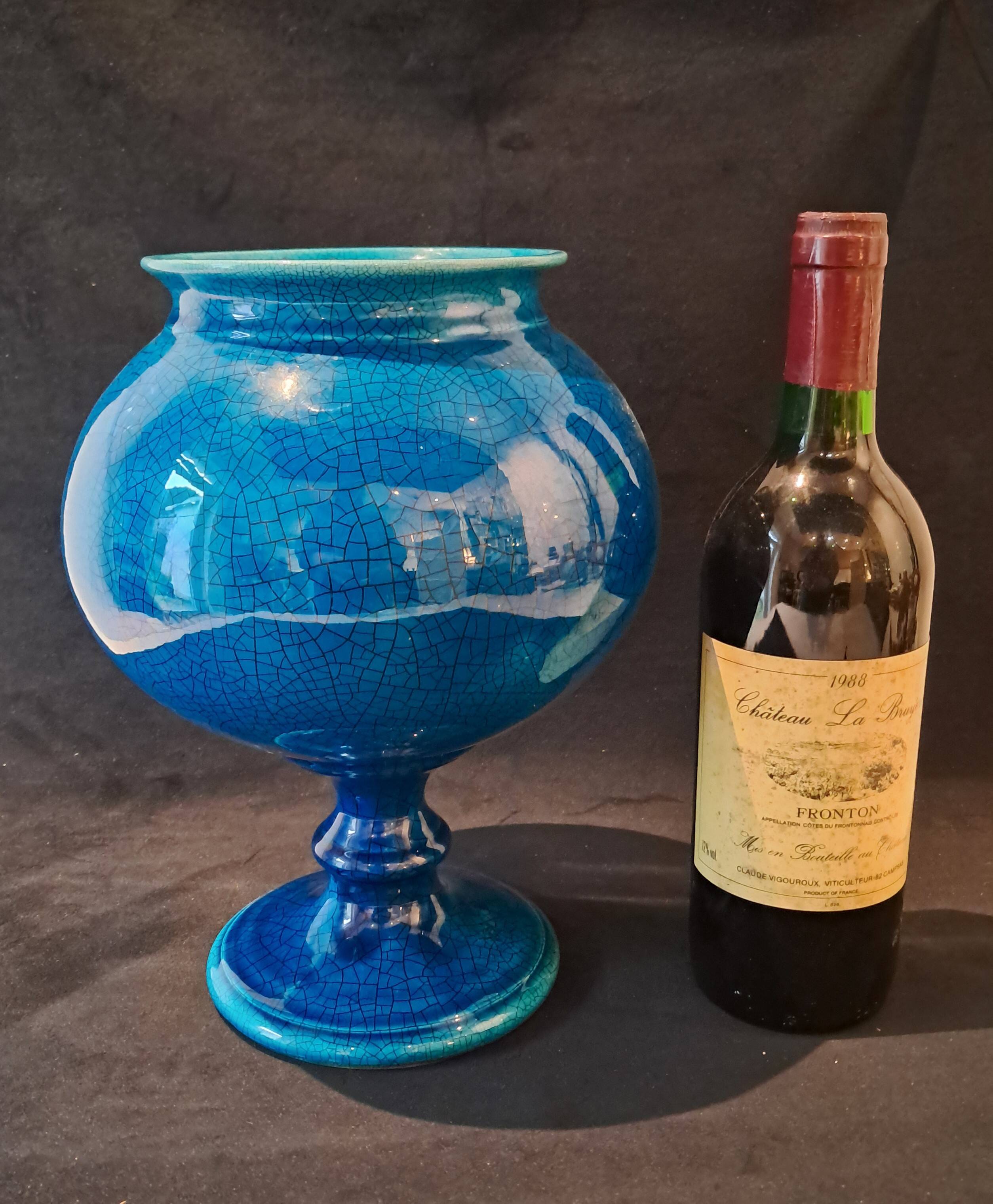 Large Turquoise Crackle Earthenware Footed Bowl Vase