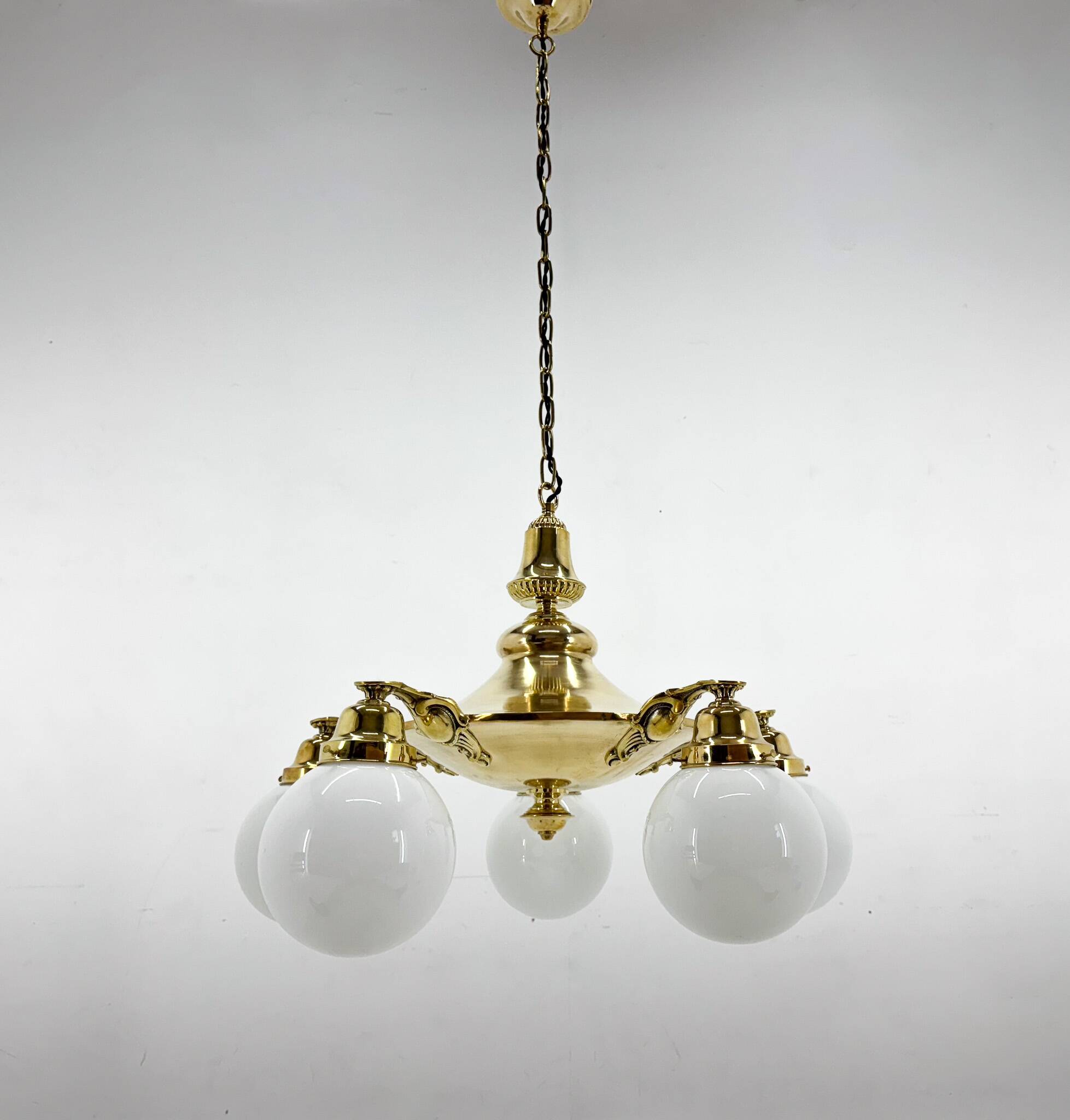 Large Art Deco Bras Chandelier, Restored
