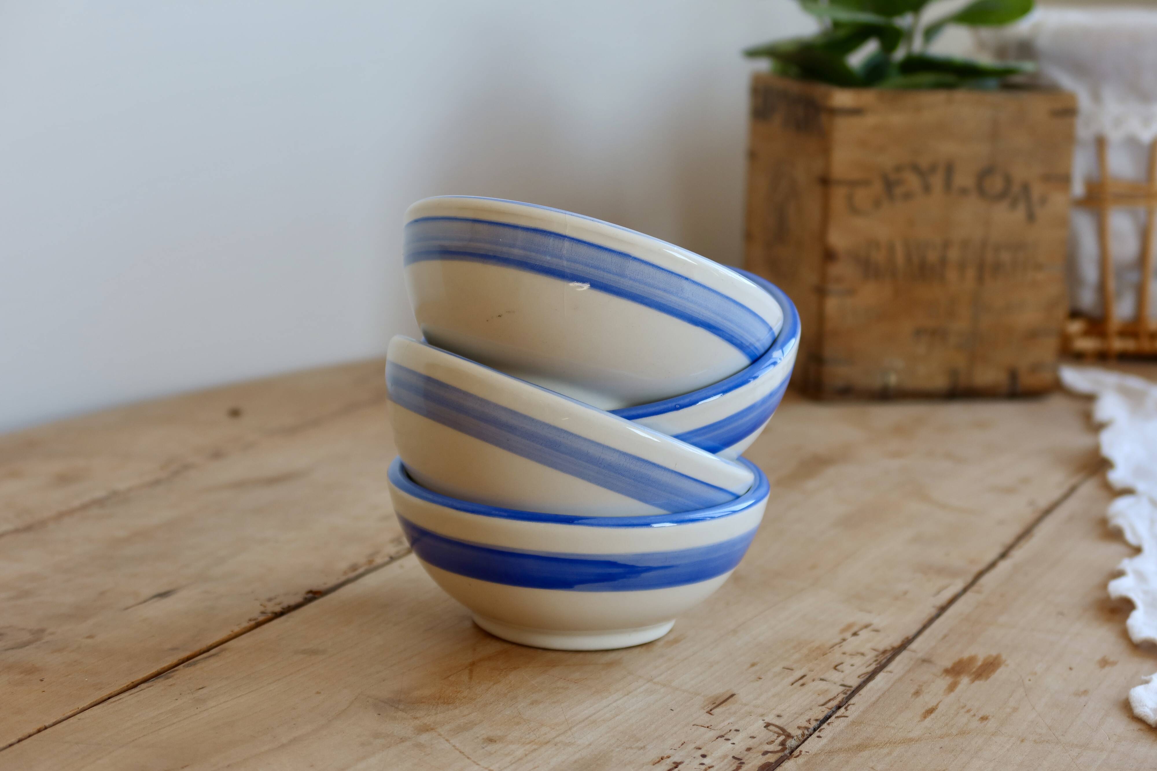 4 vintage striped ivory and blue earthenware bowls by Afibel