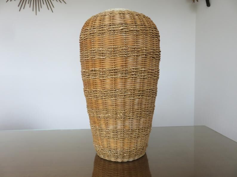Rattan vase, braided rope and 80s ceramics