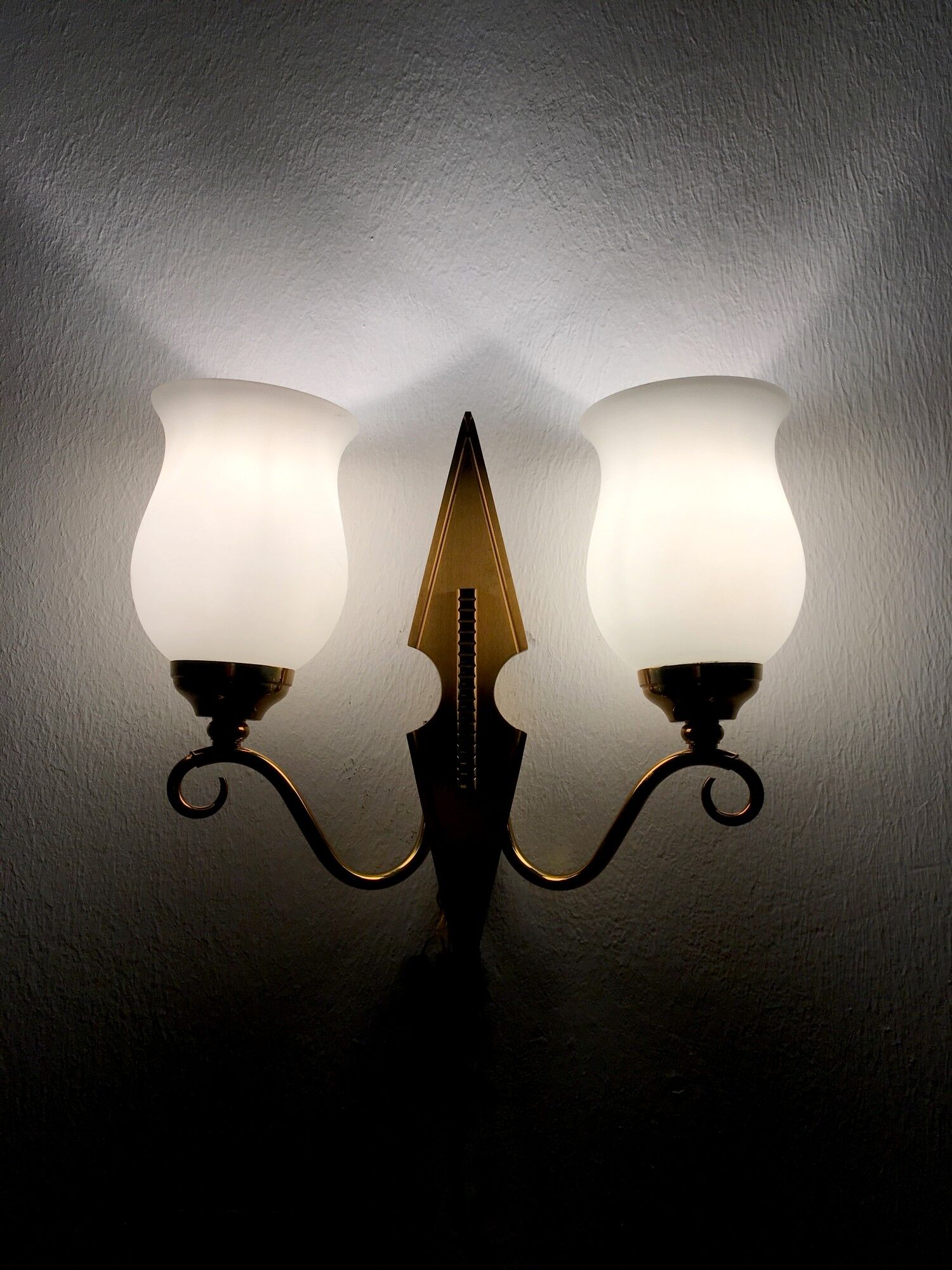 2 vintage brass and opaline sconces in the 1950