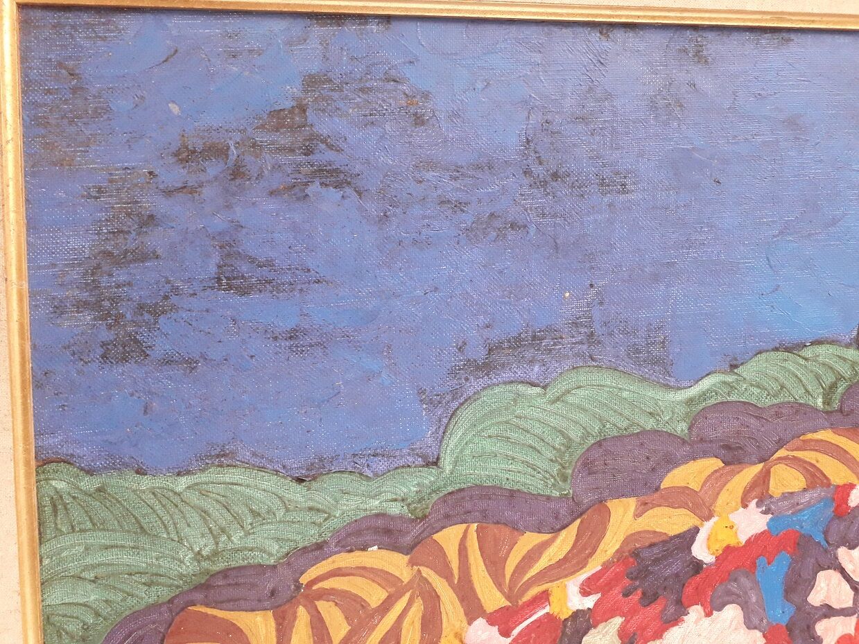 Old oil painting on canvas stamped from the 70s