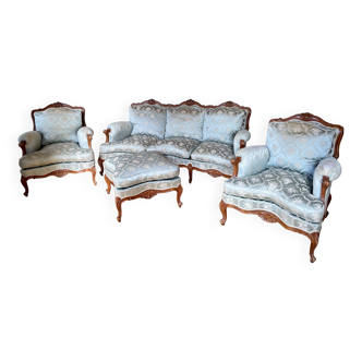 Salon Louis XV (4pcs.) avec canapé, deux fauteuils, et repose pied