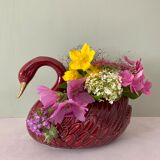 Vintage swan pot cover in red and gold ceramic