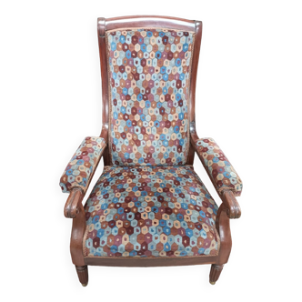 Fauteuil voltaire vintage, velours motifs géométriques