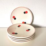 set of 5 Eastern European dessert plates from the 60s, white, red and black