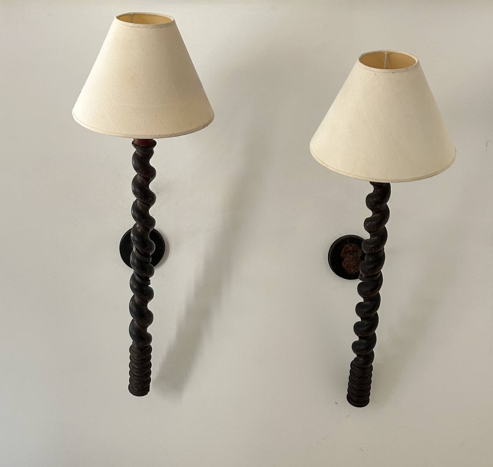 Pair of XL wall sconces in turned wood, France 1950