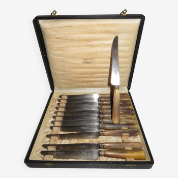 Ménagère complète 12 couteaux de table virole en argent manches en corne