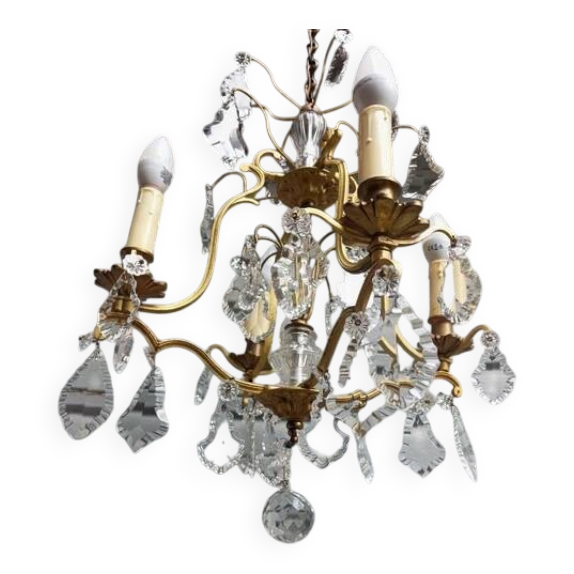 Rare antique cage chandelier in gilded bronze and crystal, 4 lights / WORKING CONDITION GAU?