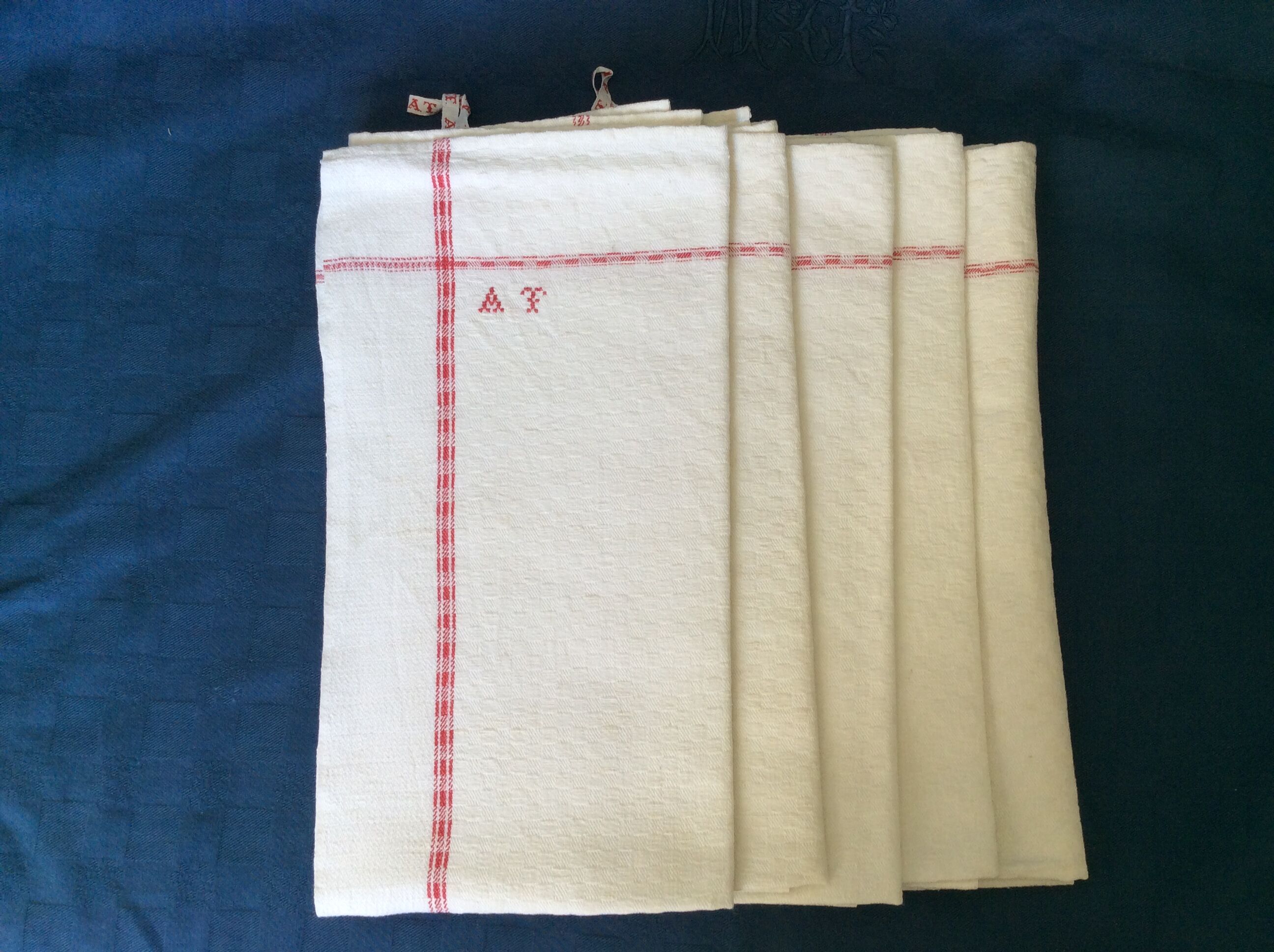 5 old tea towels, red monogram, vintage kitchen