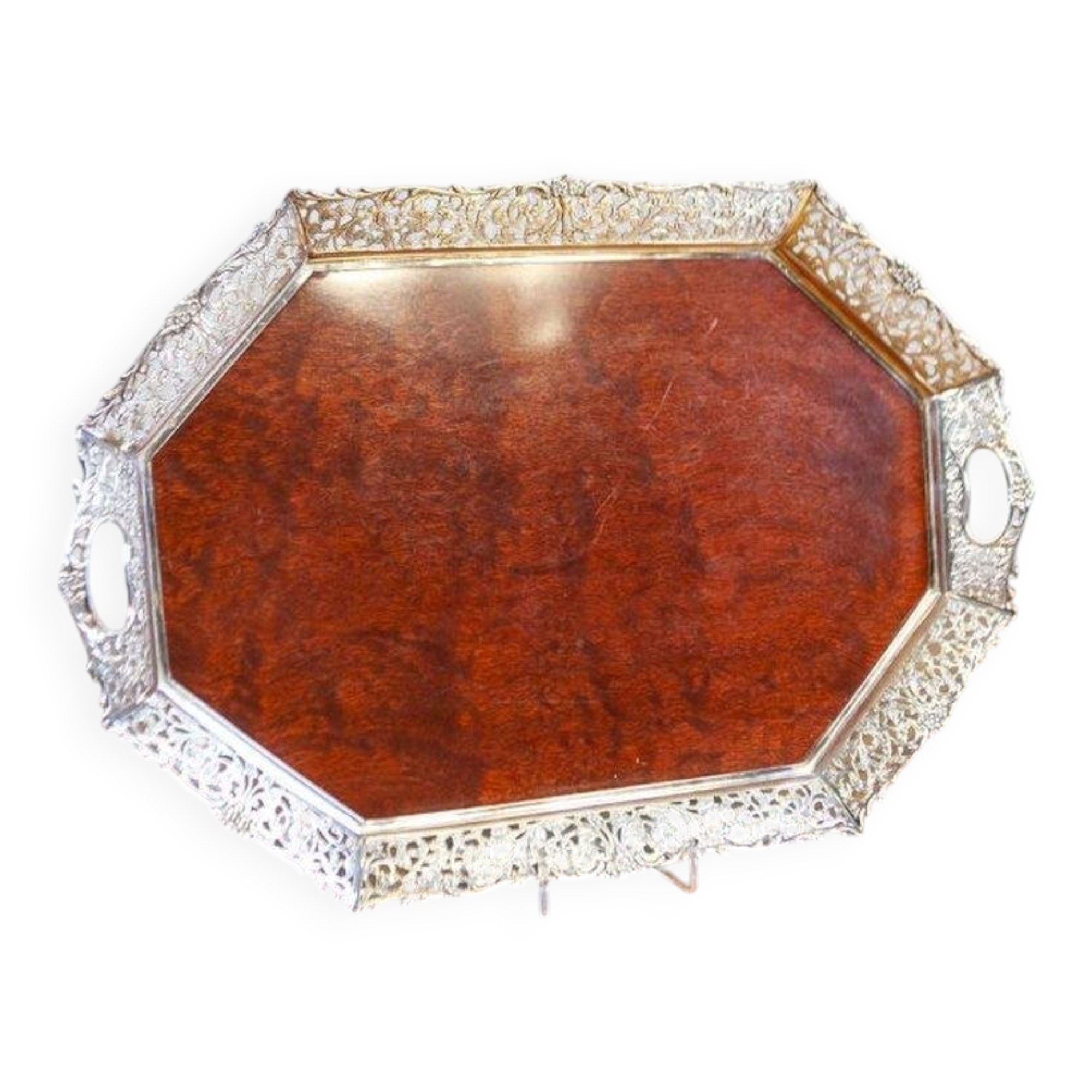 Early-20th Century Wooden Tray with Metal Openwork Border, 1950s