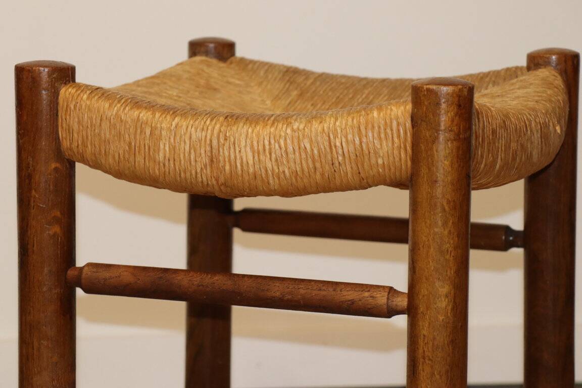 Vintage stool in solid oak and straw, 1960s