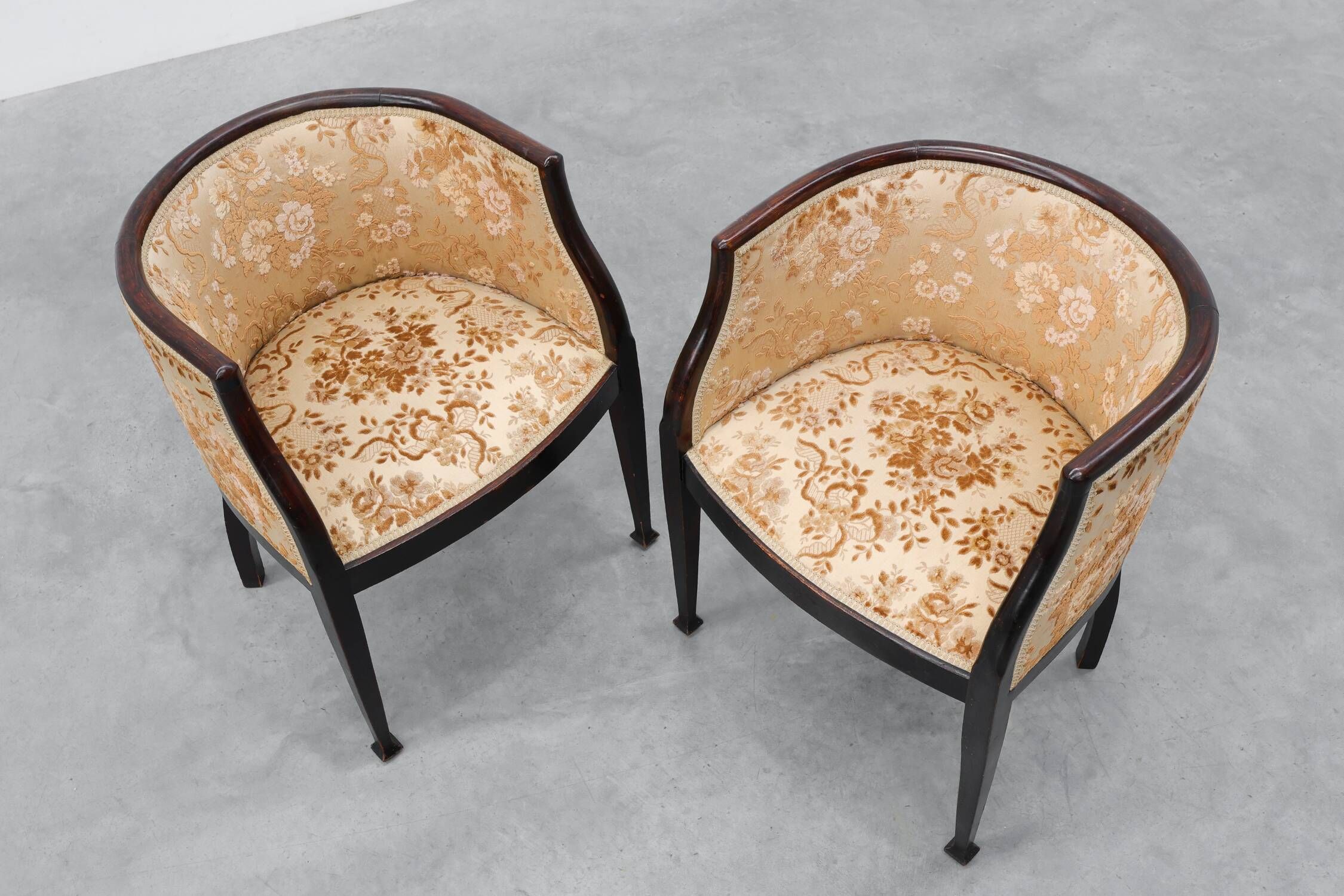 Pair of Ebonised Tub Armchairs with Floral Upholstery, France, Circa 1900