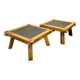 Vintage Pair of oak and slate brutalist end or coffee tables, France 1970s.