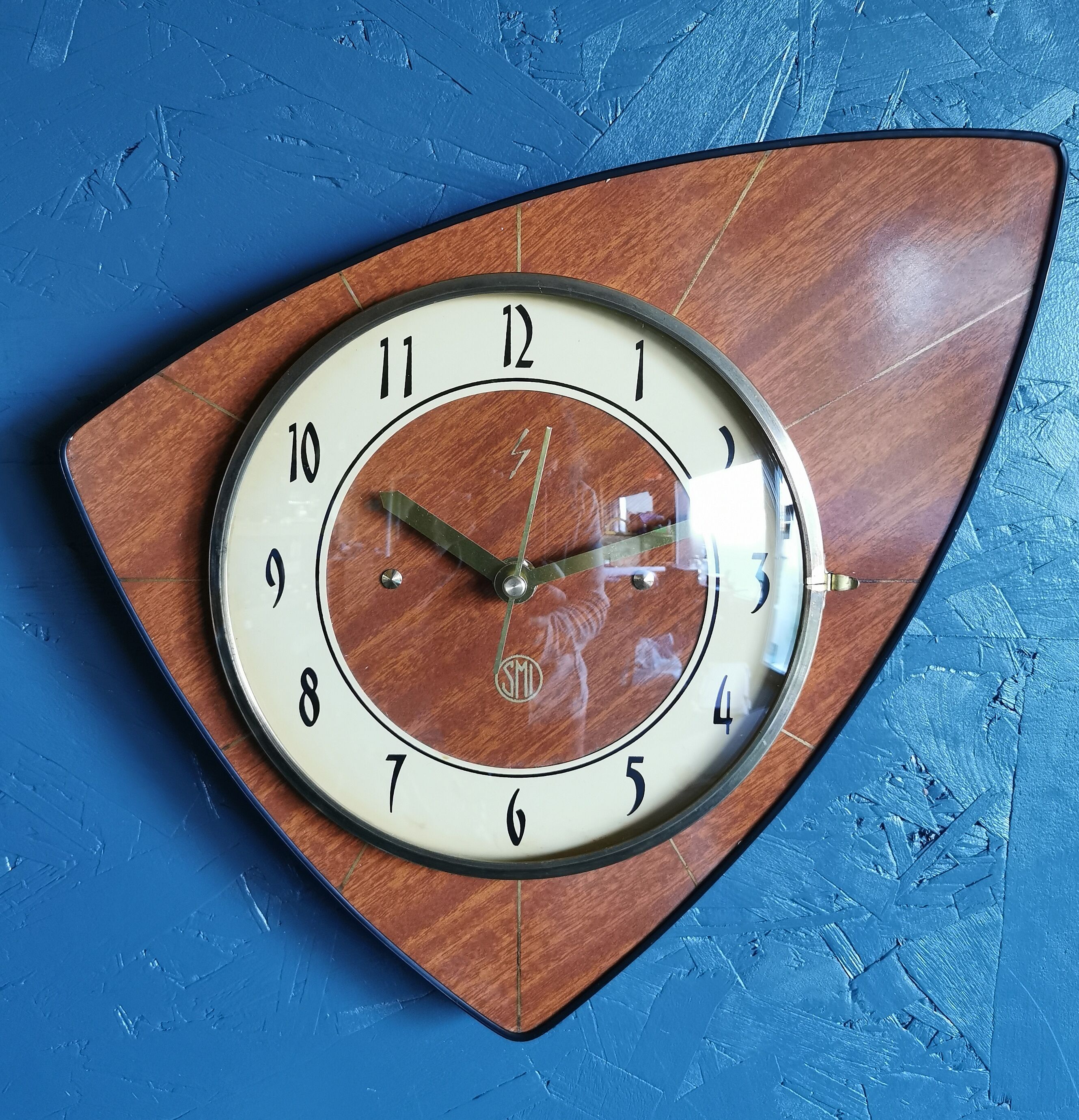 Vintage formica clock asymmetrical silent wall clock "SMI walnut golden lines"