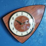 Vintage formica clock asymmetrical silent wall clock "SMI walnut golden lines"
