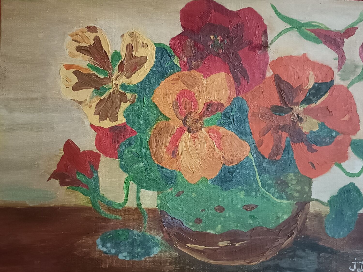 Canvas, cloth, bouquet of flowers, signature