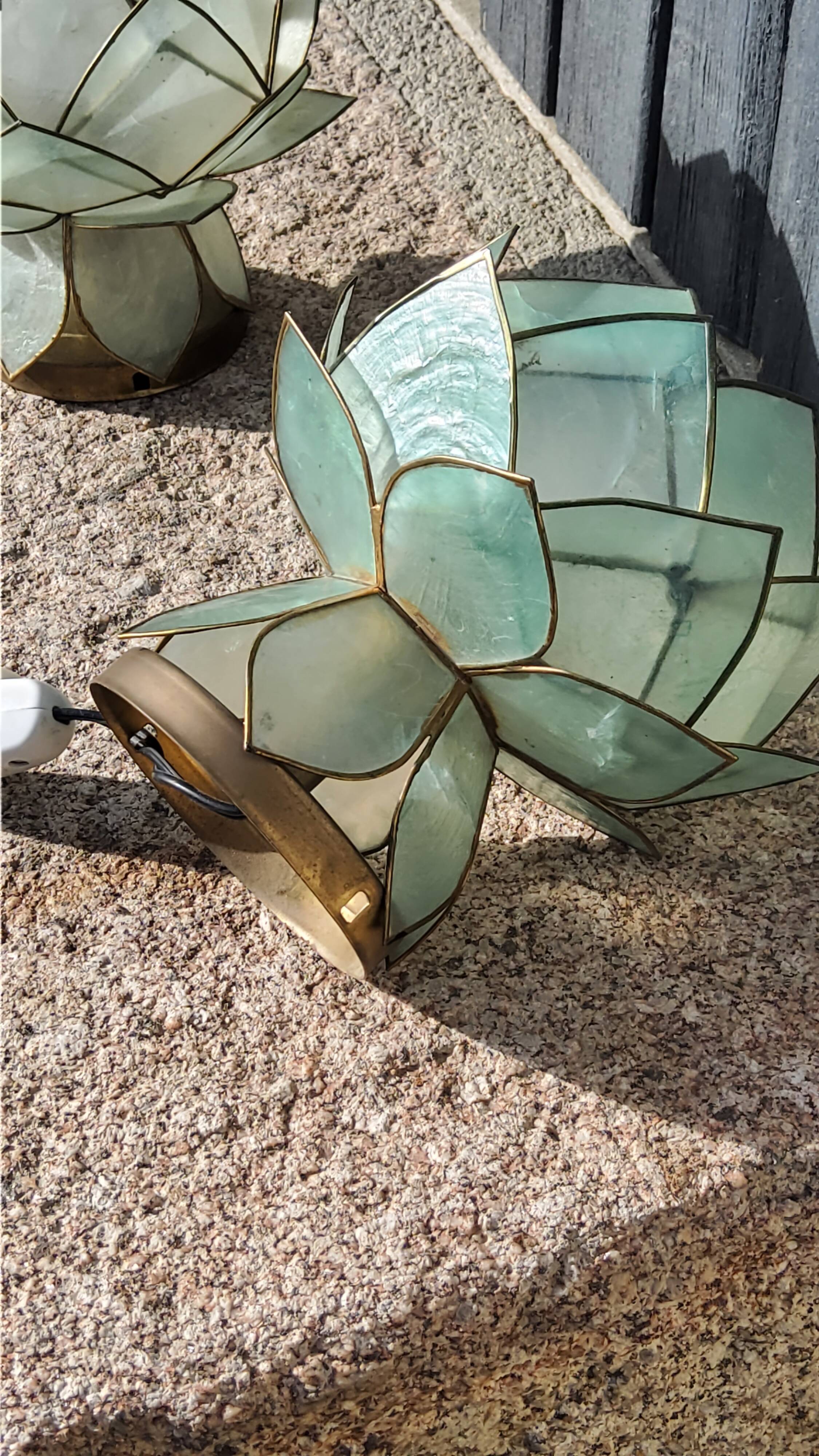 Pair of designer table lamps in turquoise blue green capiz mother-of-pearl from the 70s
