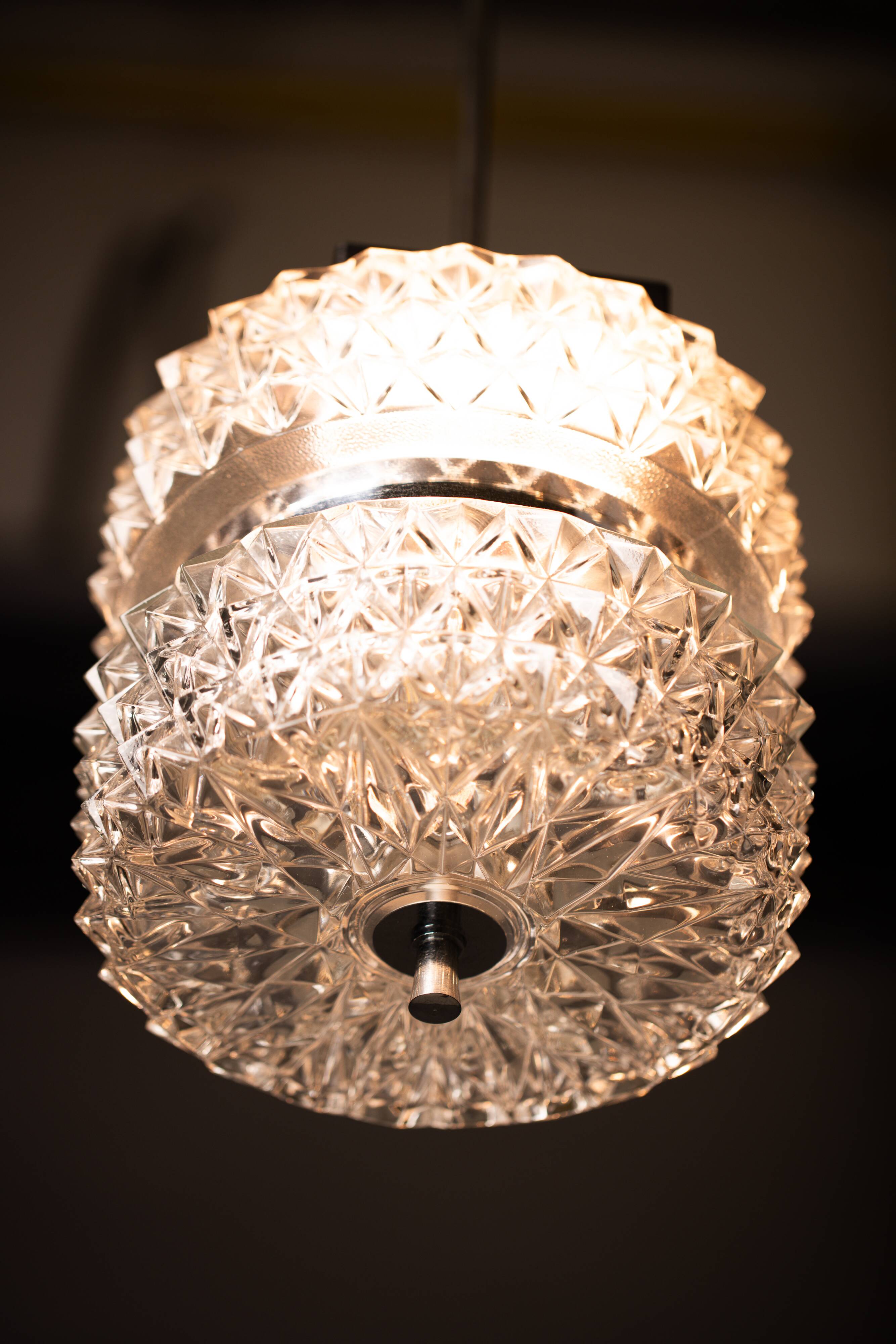 Vintage Crystal Glass Chandelier: Mid-Century Modern Austrolux Pendant Ligh