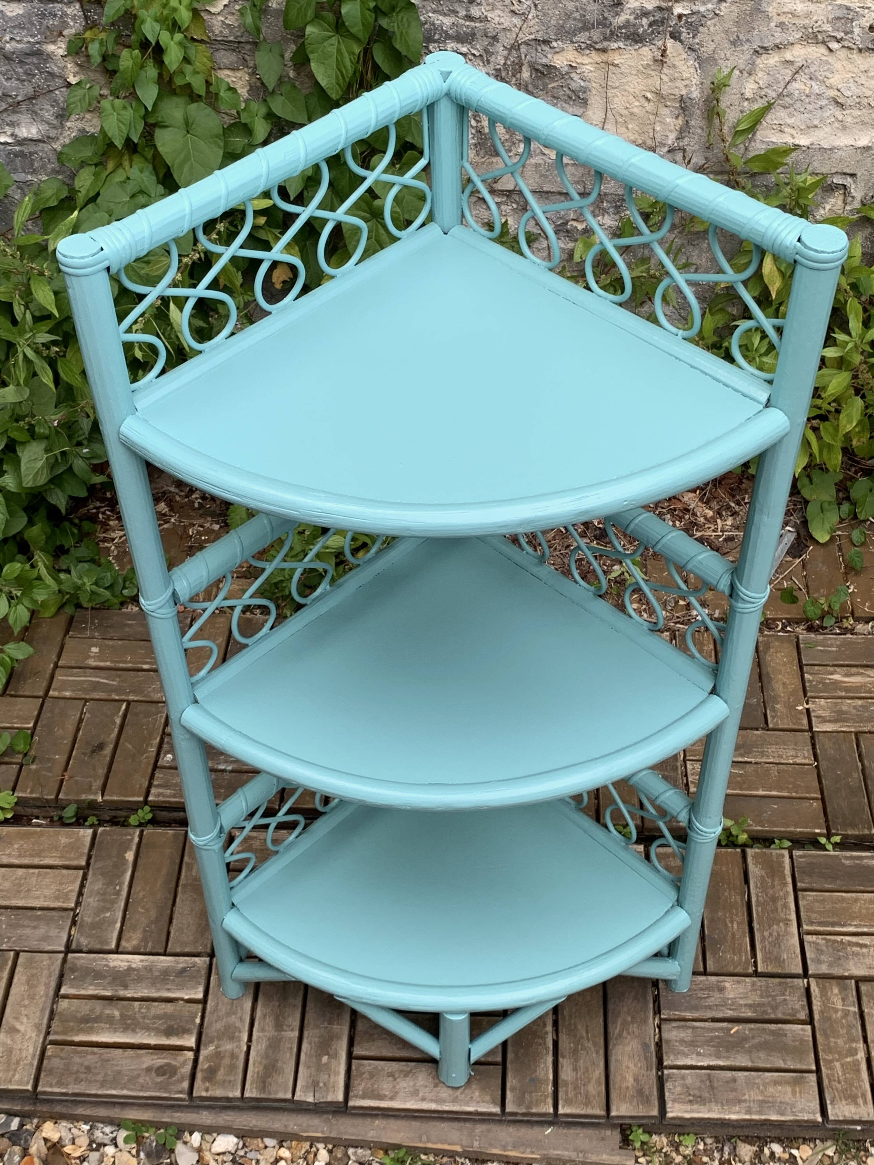 Vintage turquoise rattan corner shelf 1960