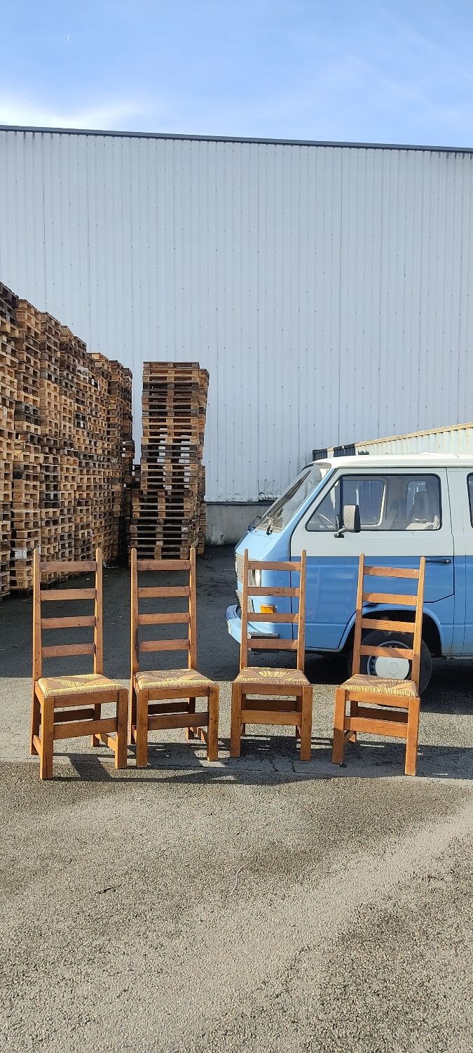 Ensemble de 4 chaises bois paille brutaliste