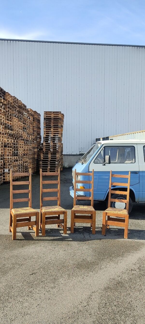 Ensemble de 4 chaises bois paille brutaliste