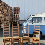 Set of 4 brutalist straw wood chairs
