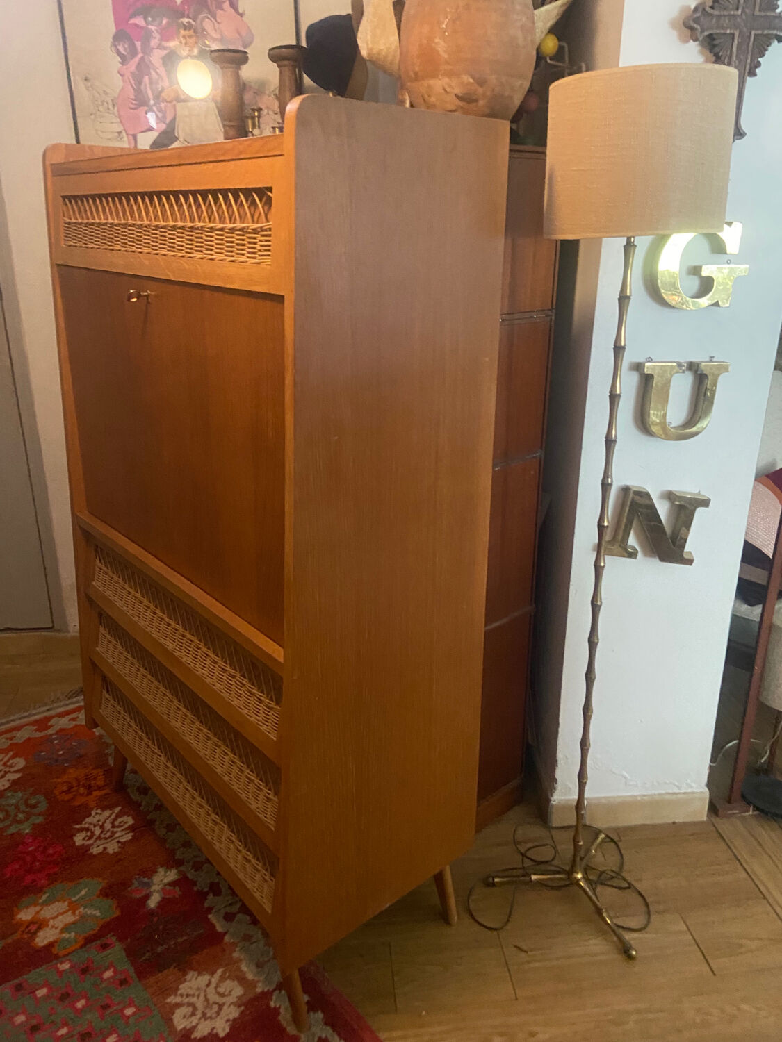 Vintage wooden and rattan secretary