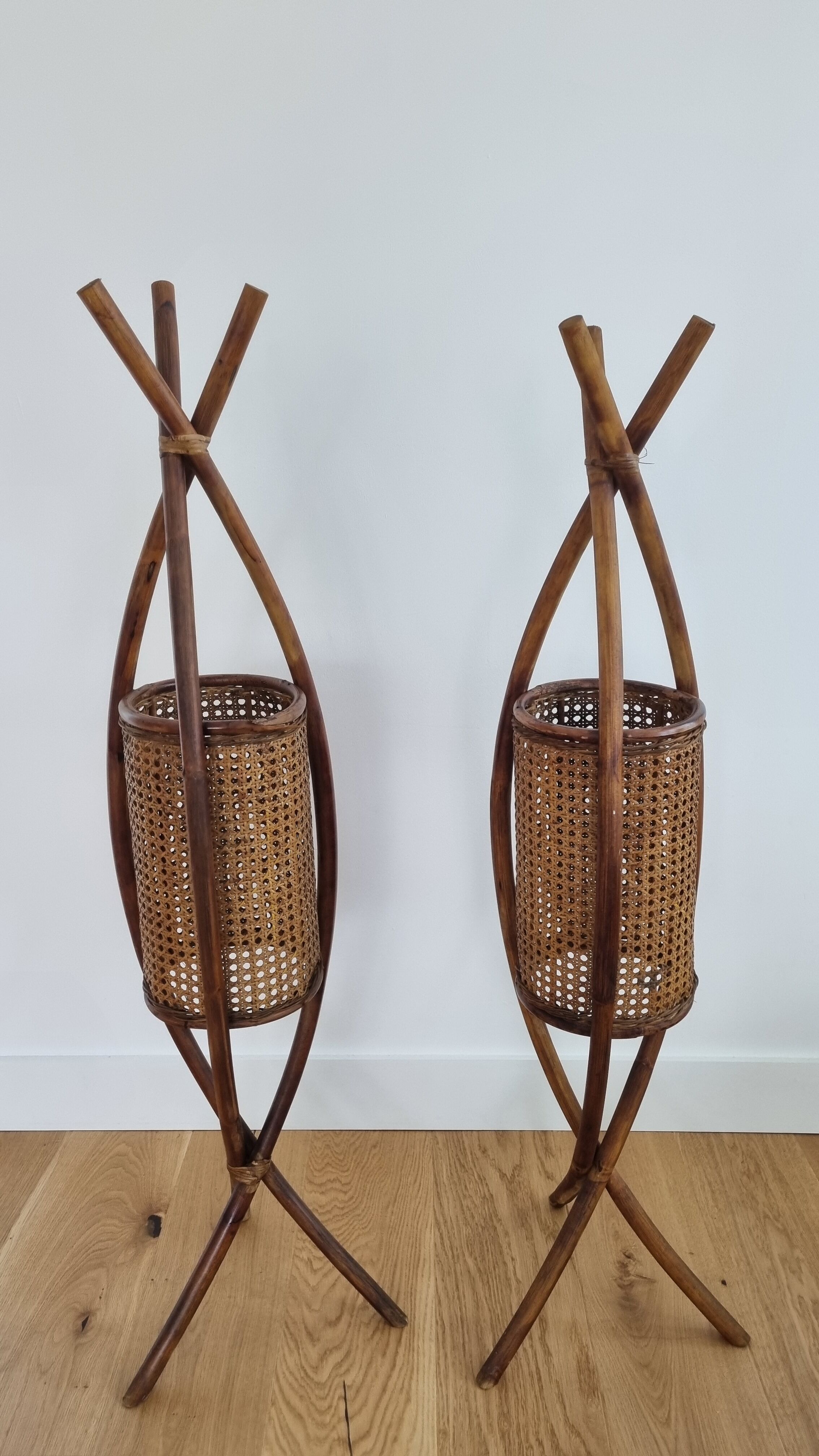 Pair vintage rattan lanterns