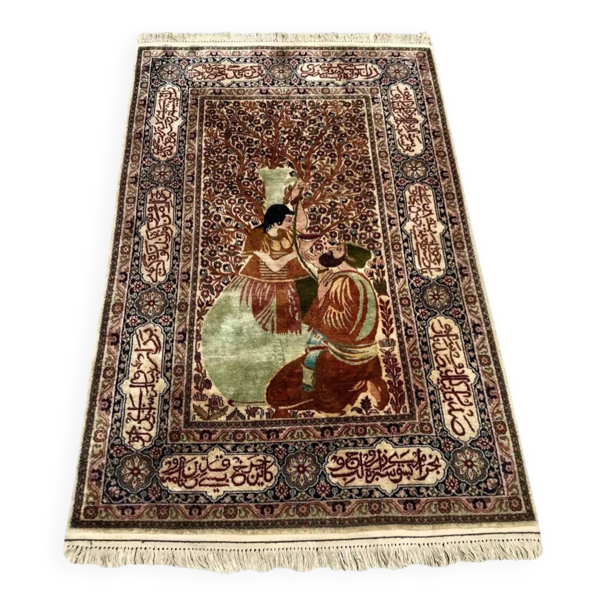 Ancient Iranian wedding carpet in wool and silk 210x119cm