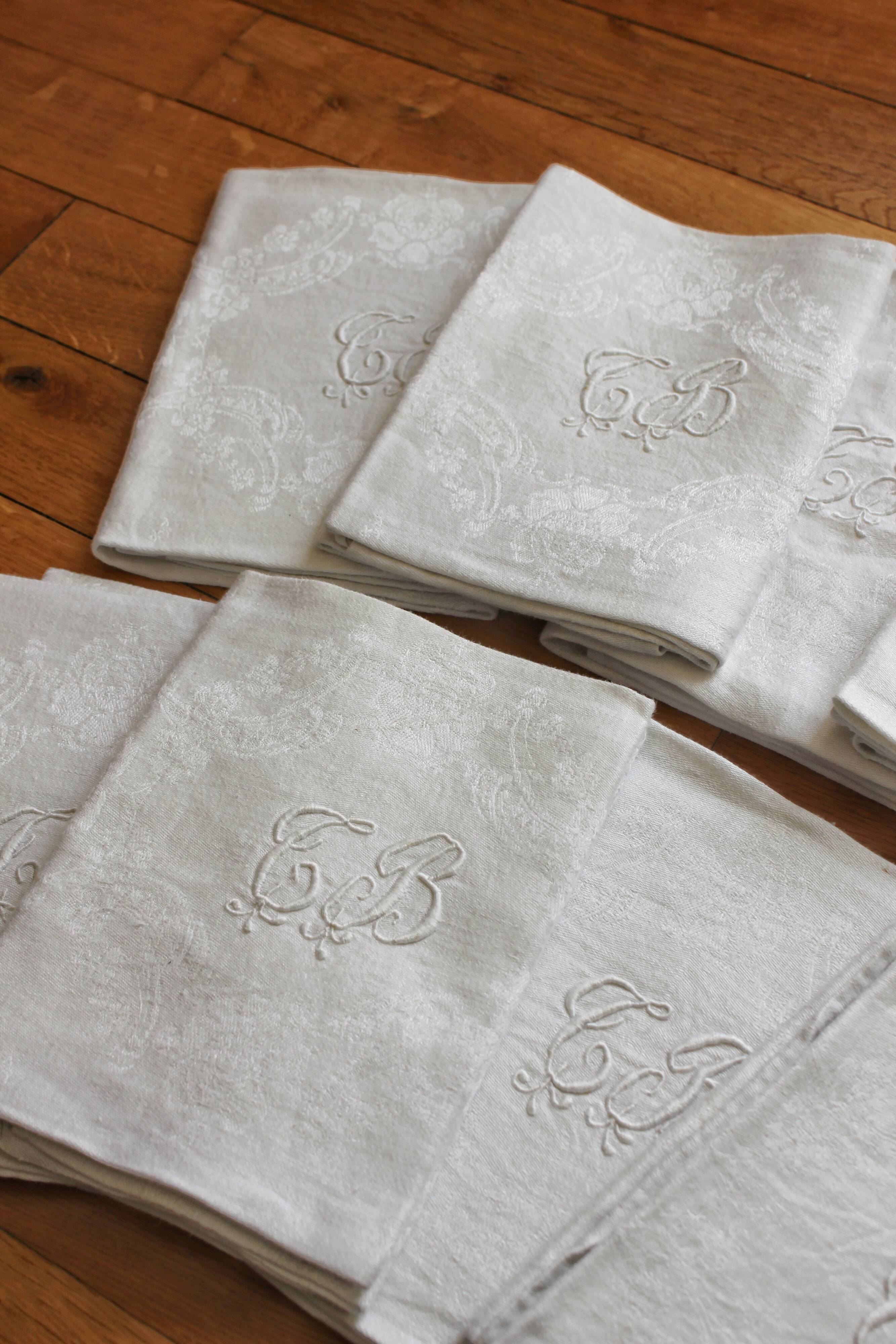 8 antique napkins in monogrammed and damask white linen